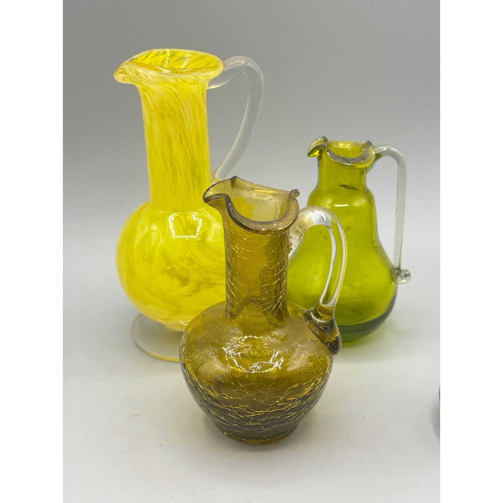 Vintage Hand Blown Glass Pitcher Vase Set Yellow Swirl Crackle Green 3pc
